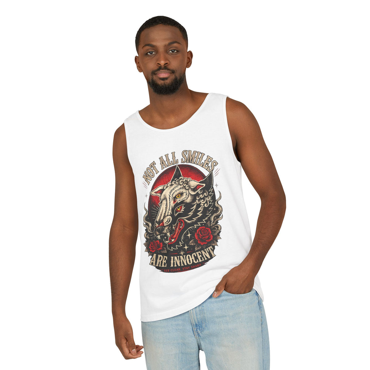 Not All Smiles Are Innocent Tank Top Gothic Wolf Shirt Alternative Streetwear Tattoo Style Muscle Tank Dark Aesthetic Gym Shirt