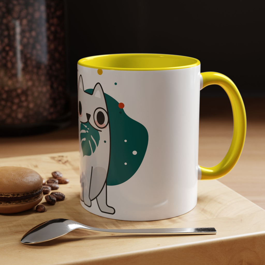 Cute Cat Coffee Mug  Playful White Cat with Tropical Leaf Accent 11oz 15oz