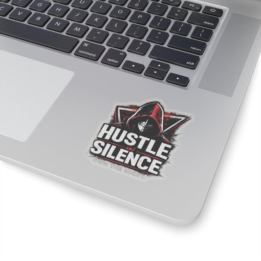 Hustle in Silence sticker Kiss-cut vinyl decal, hooded figure, gritty typography