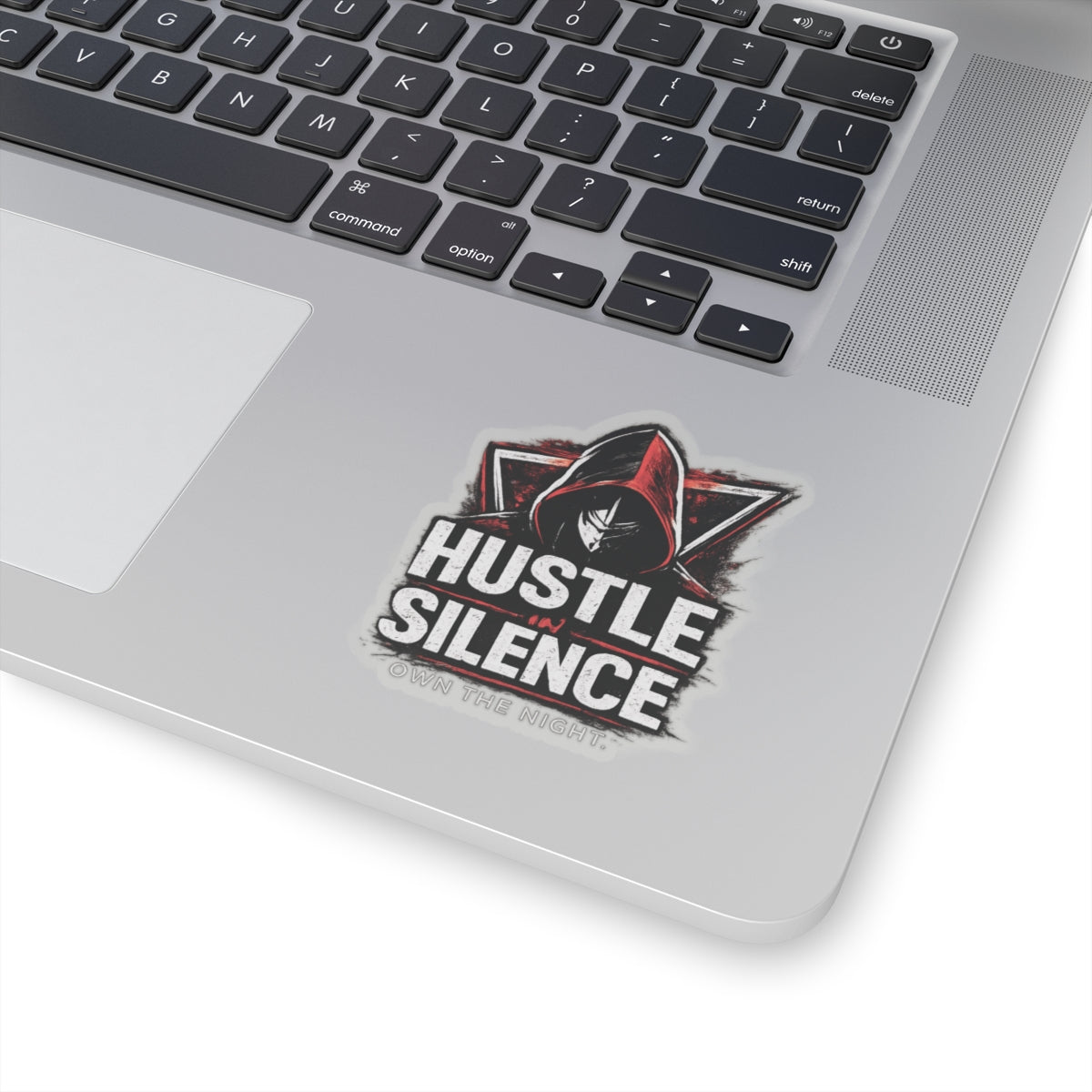 Hustle in Silence sticker Kiss-cut vinyl decal, hooded figure, gritty typography
