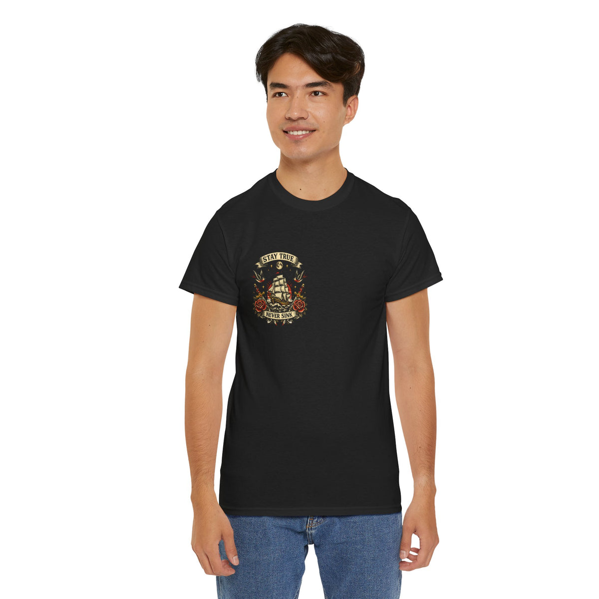 Stay True Never Sink T-Shirt — Vintage Sailboat Tattoo Graphic Tee