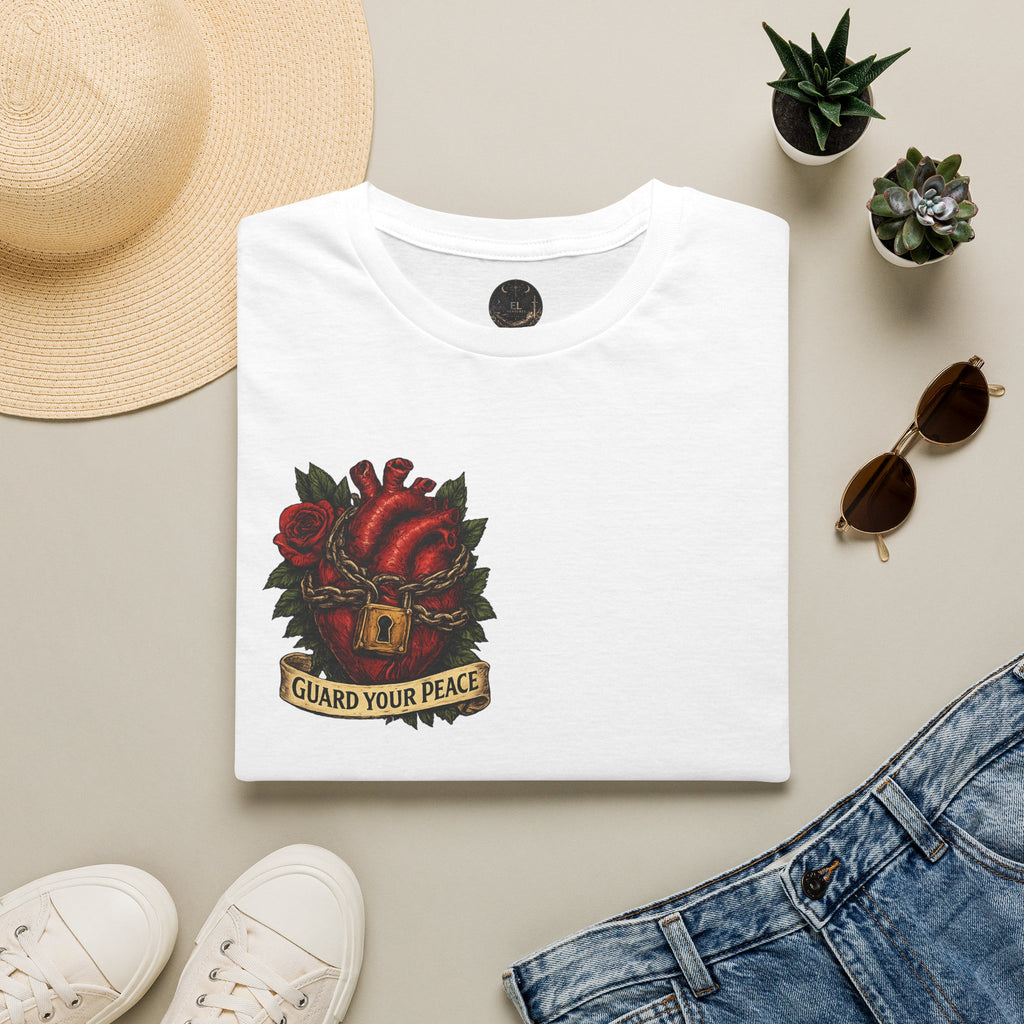 Guard Your Peace Heart graphic T-Shirt | anatomical heart, rose, lock