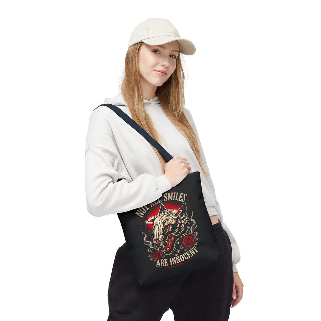 Not All Smiles Are Innocent Tote Bag – Gothic Wolf Skull Design