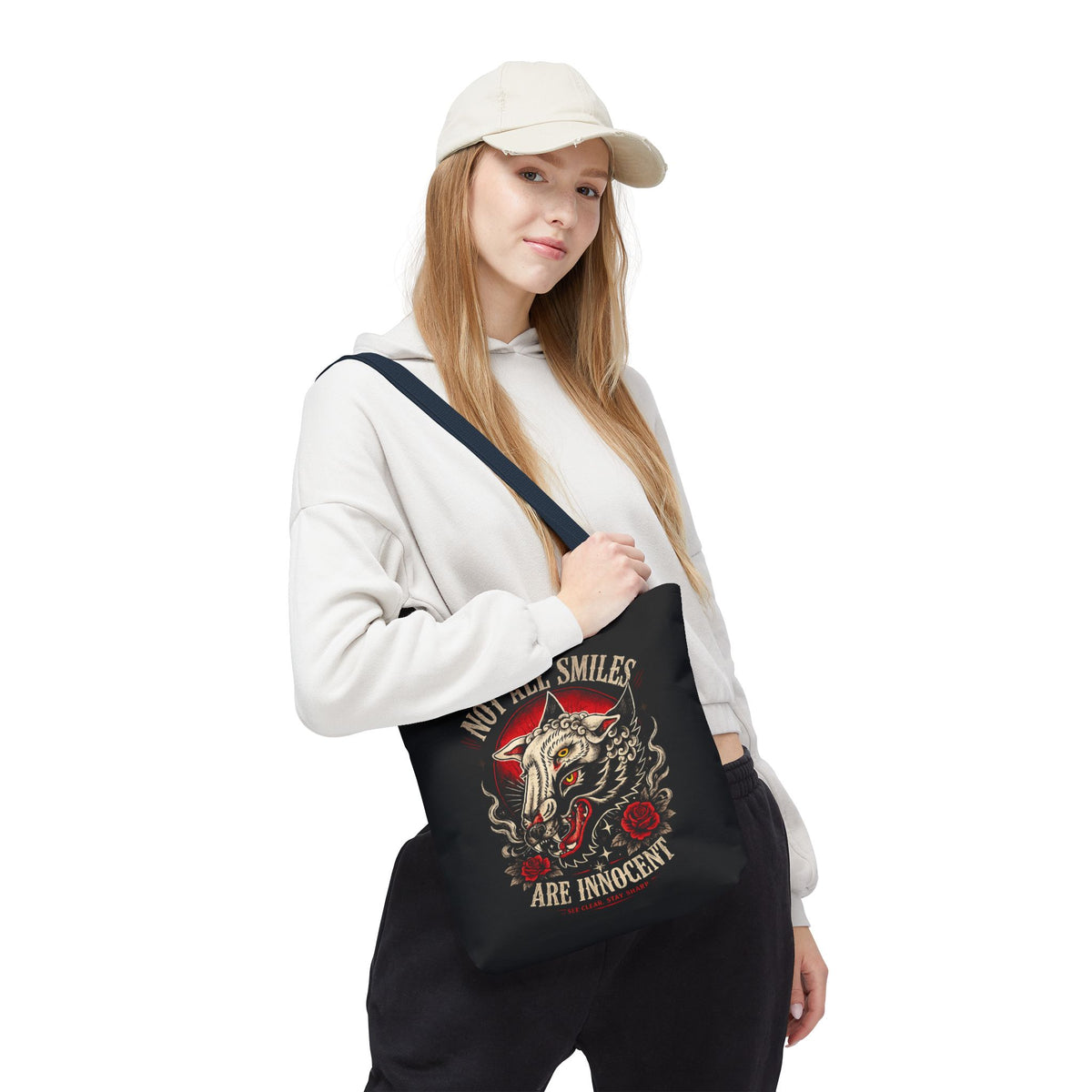 Not All Smiles Are Innocent Tote Bag – Gothic Wolf Skull Design