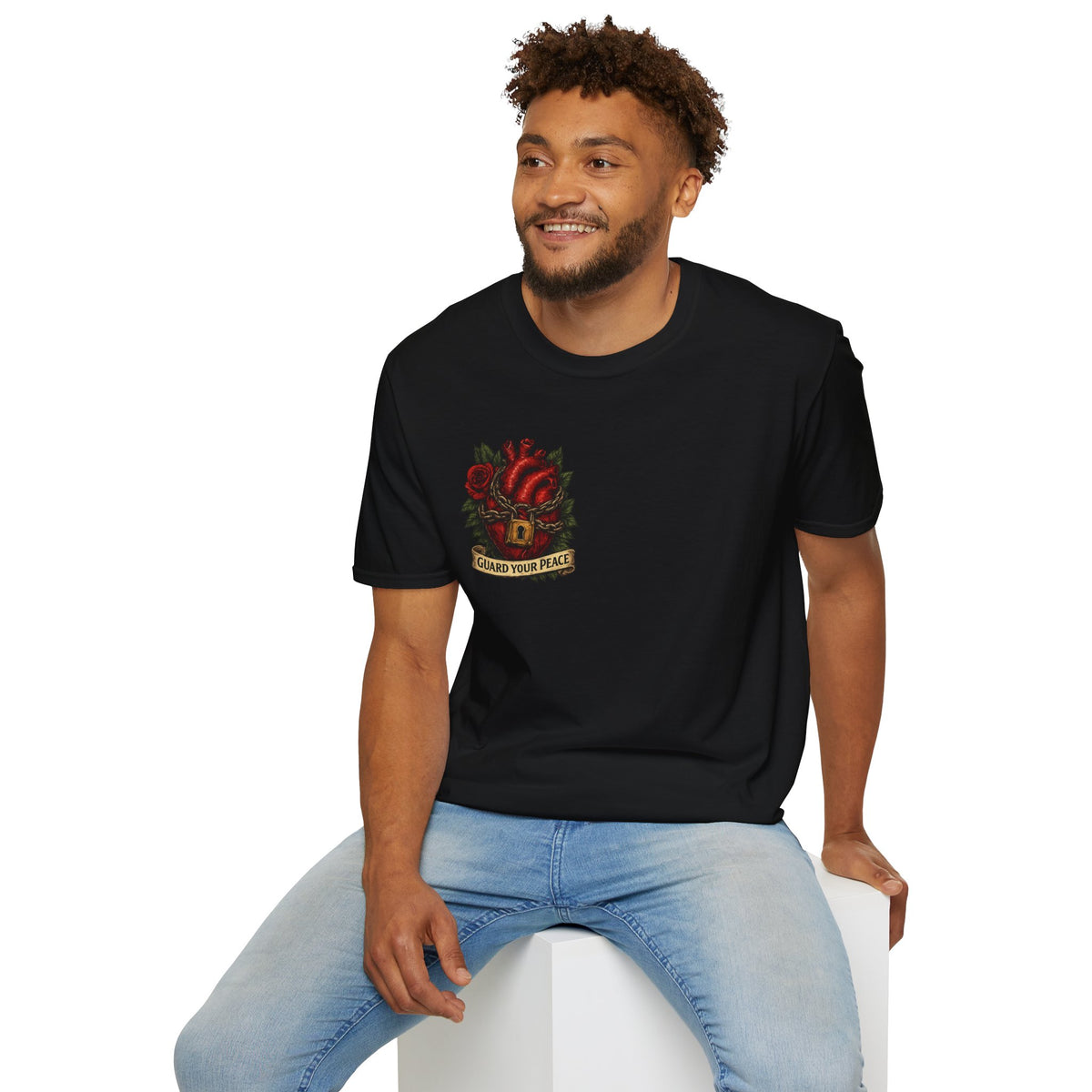 Guard Your Peace Heart graphic T-Shirt | anatomical heart, rose, lock
