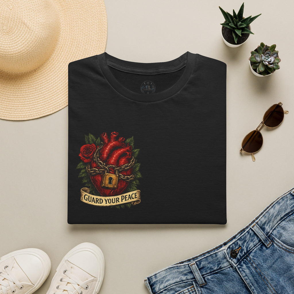 Guard Your Peace Heart graphic T-Shirt | anatomical heart, rose, lock