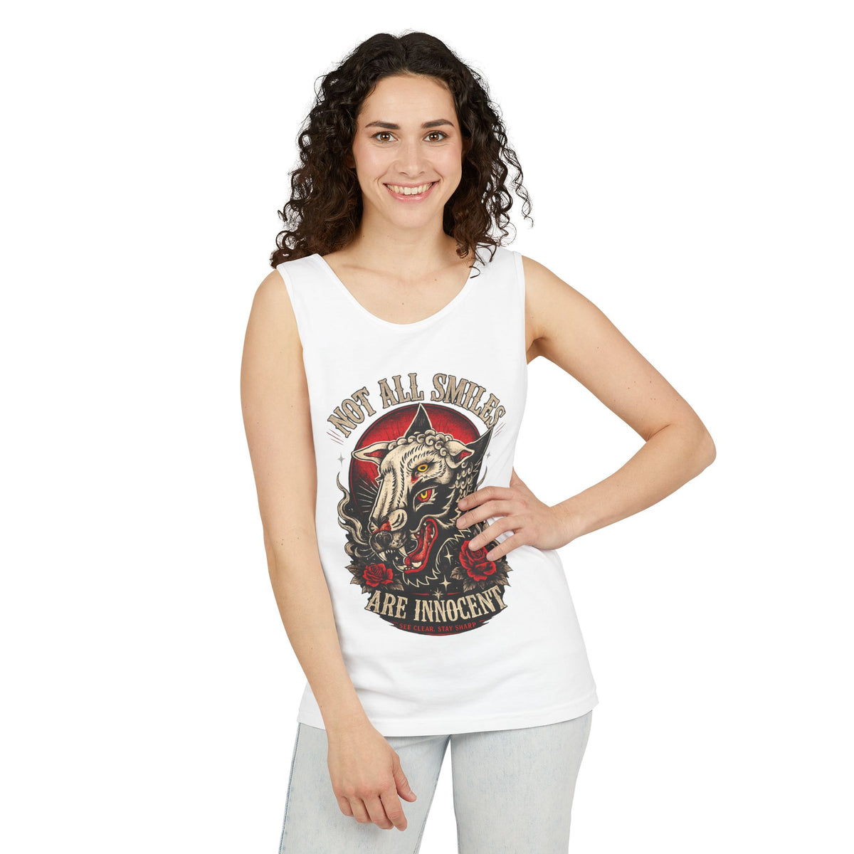 Not All Smiles Are Innocent Tank Top Gothic Wolf Shirt Alternative Streetwear Tattoo Style Muscle Tank Dark Aesthetic Gym Shirt