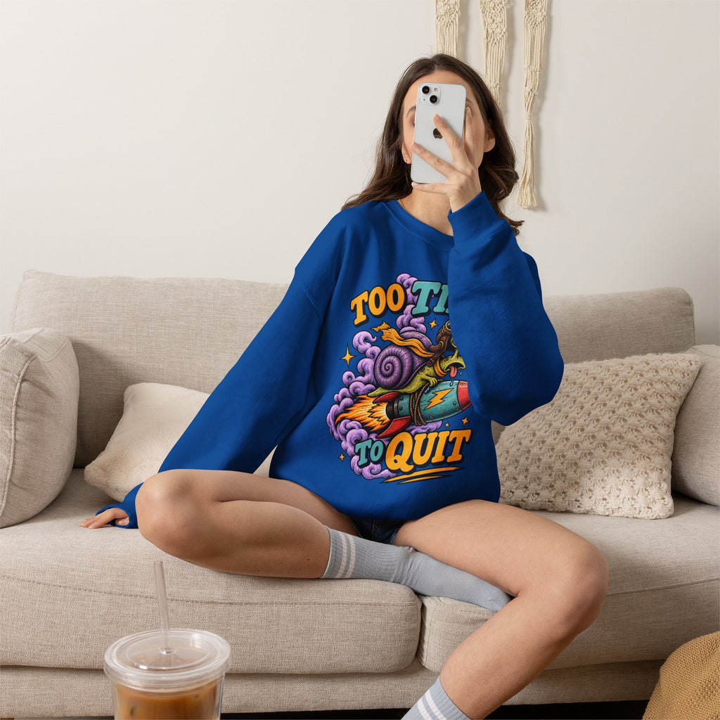 Too Tired to Quit Sweatshirt | Rocket Sloth Illustration, Motivational Retro