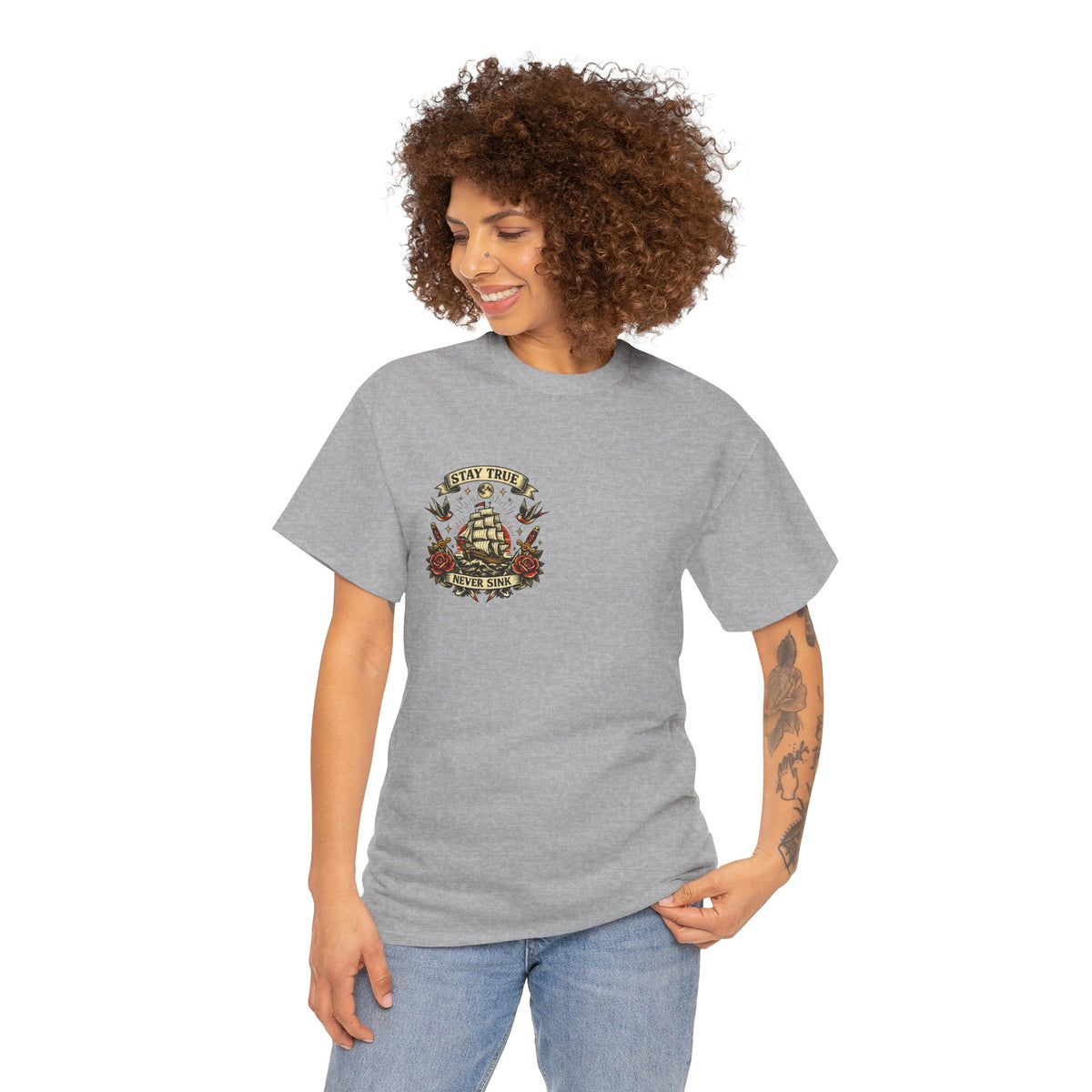 Stay True Never Sink T-Shirt — Vintage Sailboat Tattoo Graphic Tee