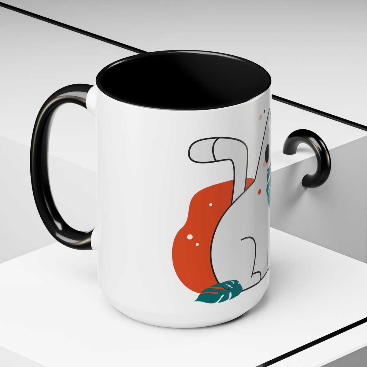Cute Cat Coffee Mug  Playful White Cat with Tropical Leaf Accent 11oz 15oz