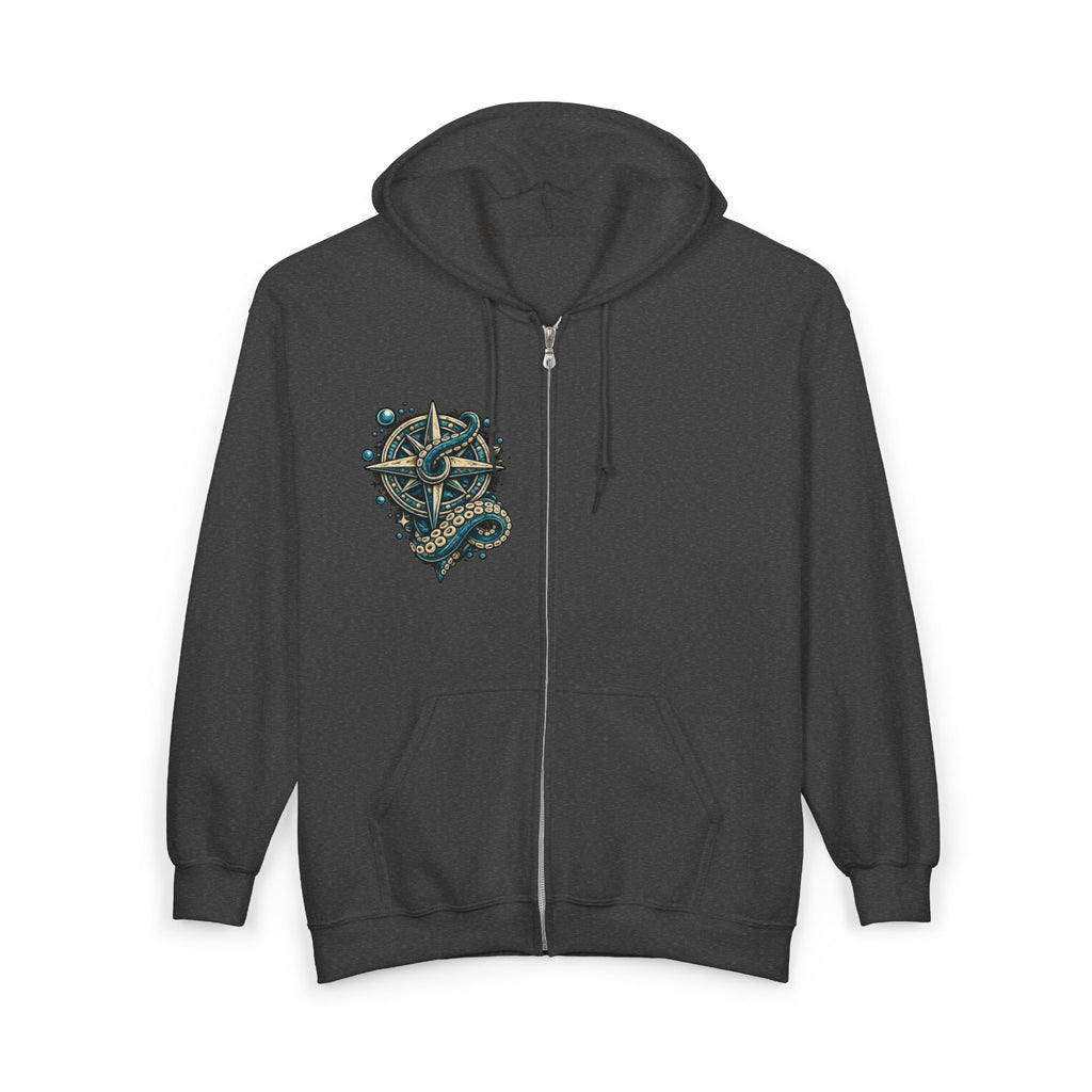 Nautical Compass & Octopus Zip Hoodie — Steampunk Sea Skull Design