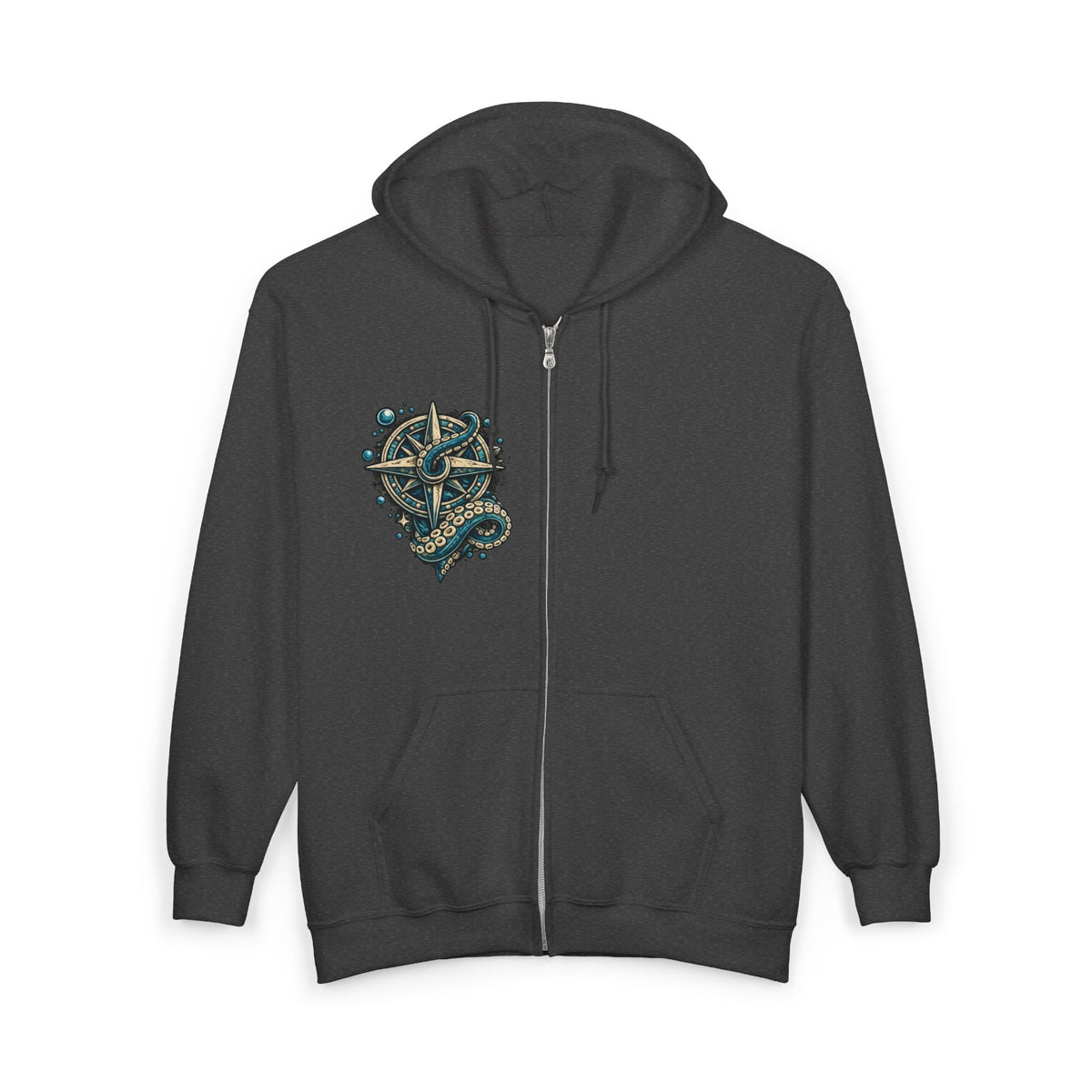 Nautical Compass & Octopus Zip Hoodie — Steampunk Sea Skull Design