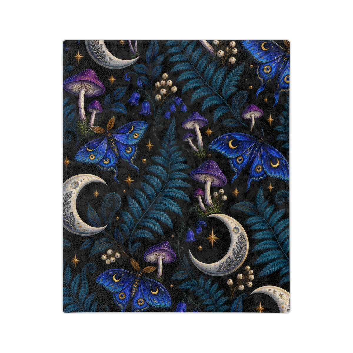 Moon & Blue Moth Pattern Velveteen Microfiber Blanket | Celestial Mushroom Fern Print