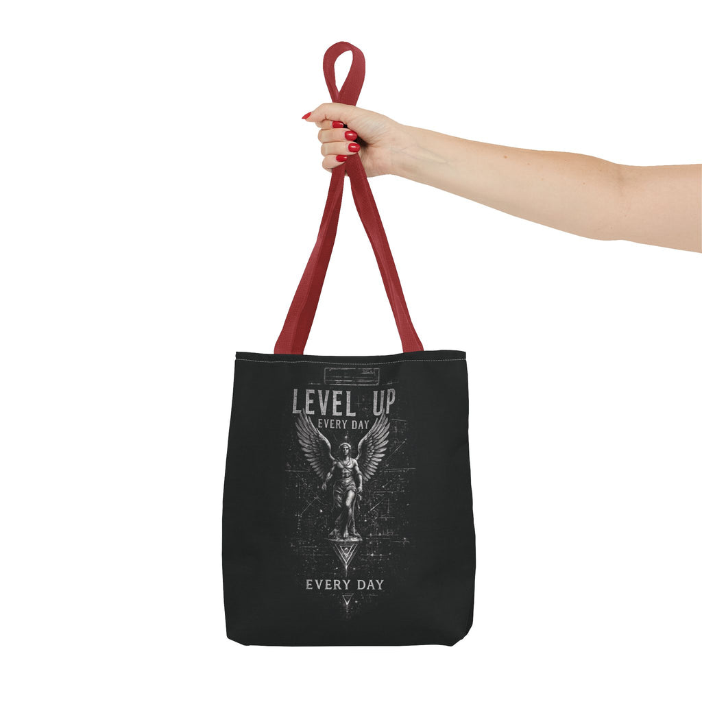 Level Up Every Day Angel Statue Tote Bag — Motivational Graphic Tote for Gamers & Fitness Fans
