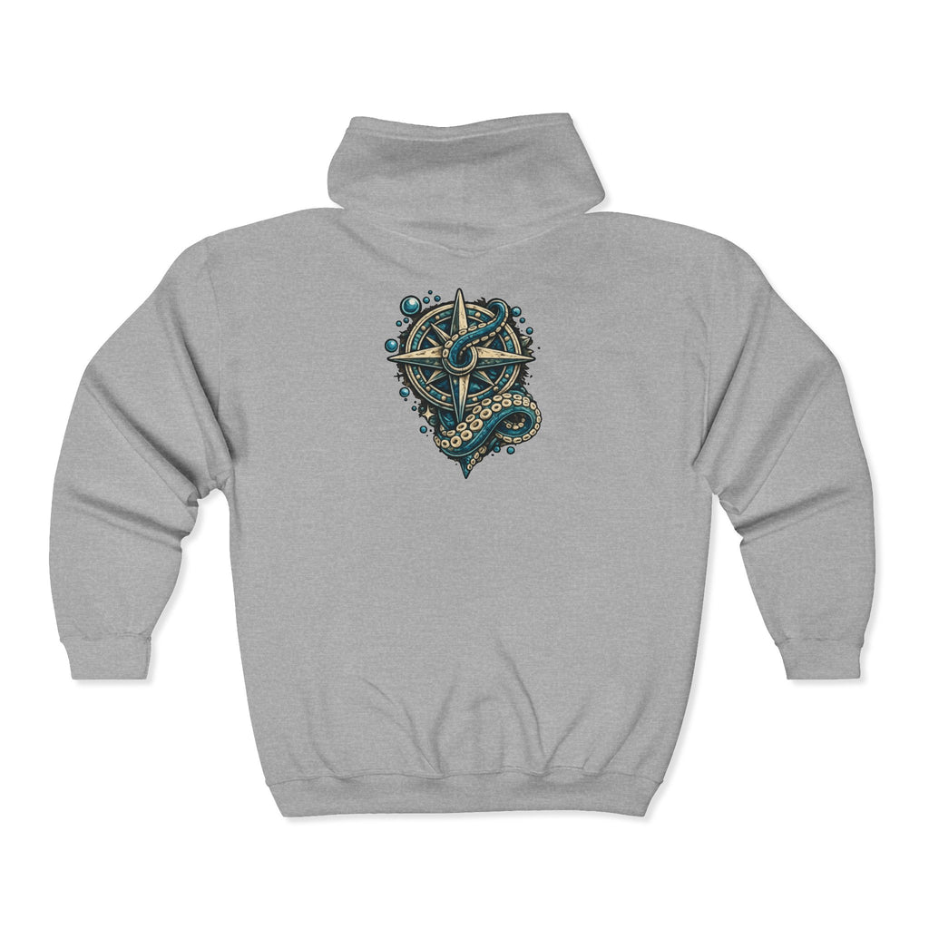 Nautical Compass & Octopus Zip Hoodie — Steampunk Sea Skull Design