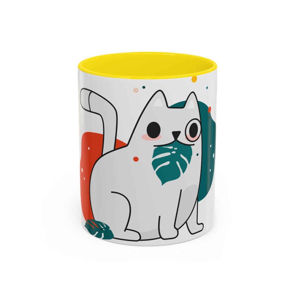 Cute Cat Coffee Mug  Playful White Cat with Tropical Leaf Accent 11oz 15oz