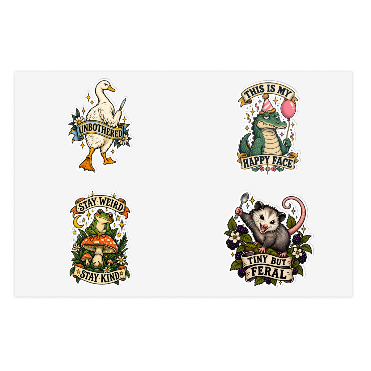 Whimsical Woodland Critters Sticker Sheet | Cute Frog Gator Opossum Goose