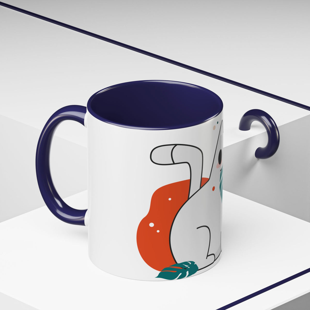 Cute Cat Coffee Mug  Playful White Cat with Tropical Leaf Accent 11oz 15oz