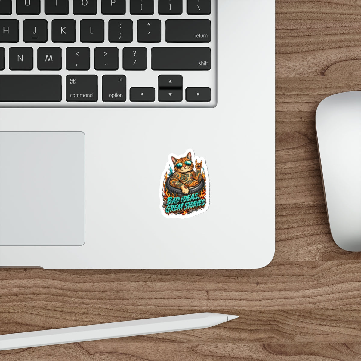 Tattooed Cat in Tire Die-Cut Sticker | 'Bad Ideas, Great Stories'