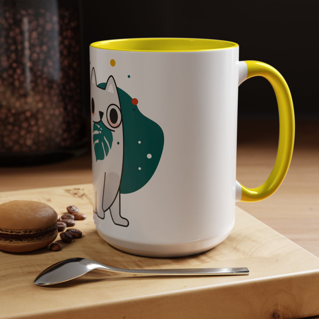 Cute Cat Coffee Mug  Playful White Cat with Tropical Leaf Accent 11oz 15oz