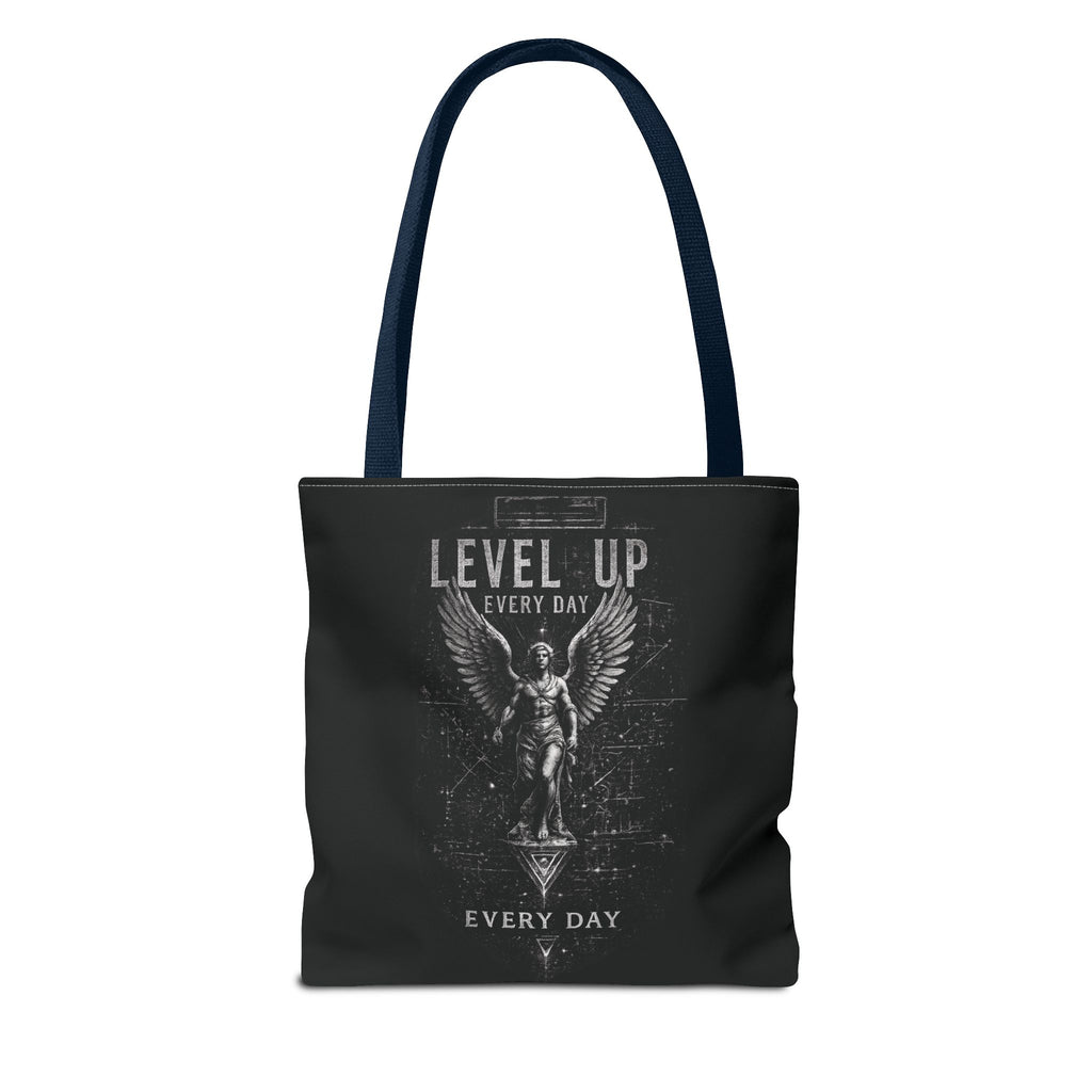 Level Up Every Day Angel Statue Tote Bag — Motivational Graphic Tote for Gamers & Fitness Fans