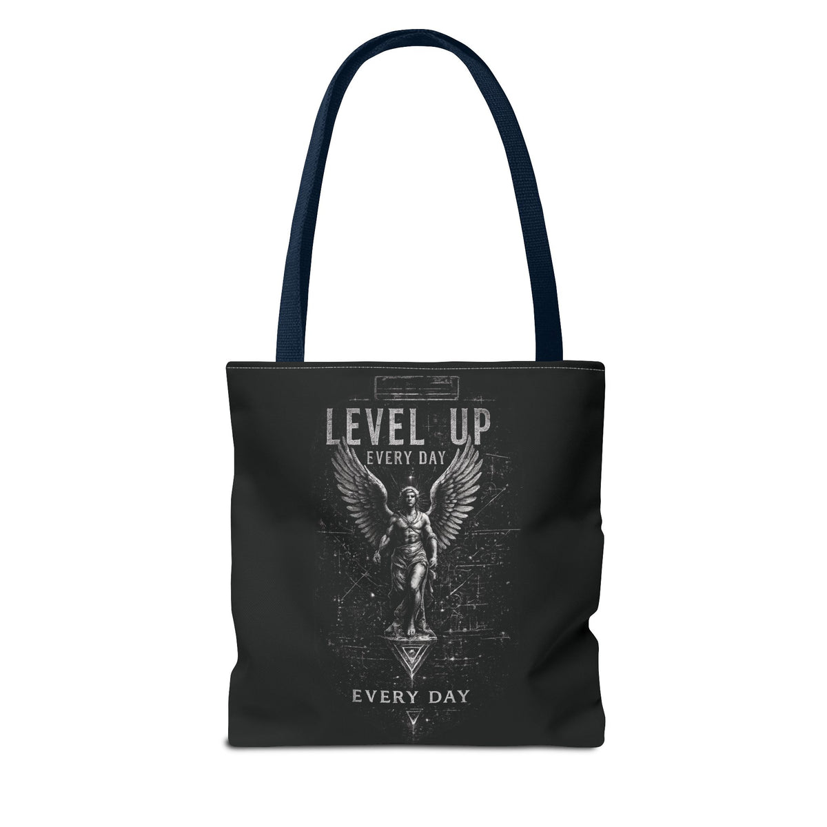 Level Up Every Day Angel Statue Tote Bag — Motivational Graphic Tote for Gamers & Fitness Fans