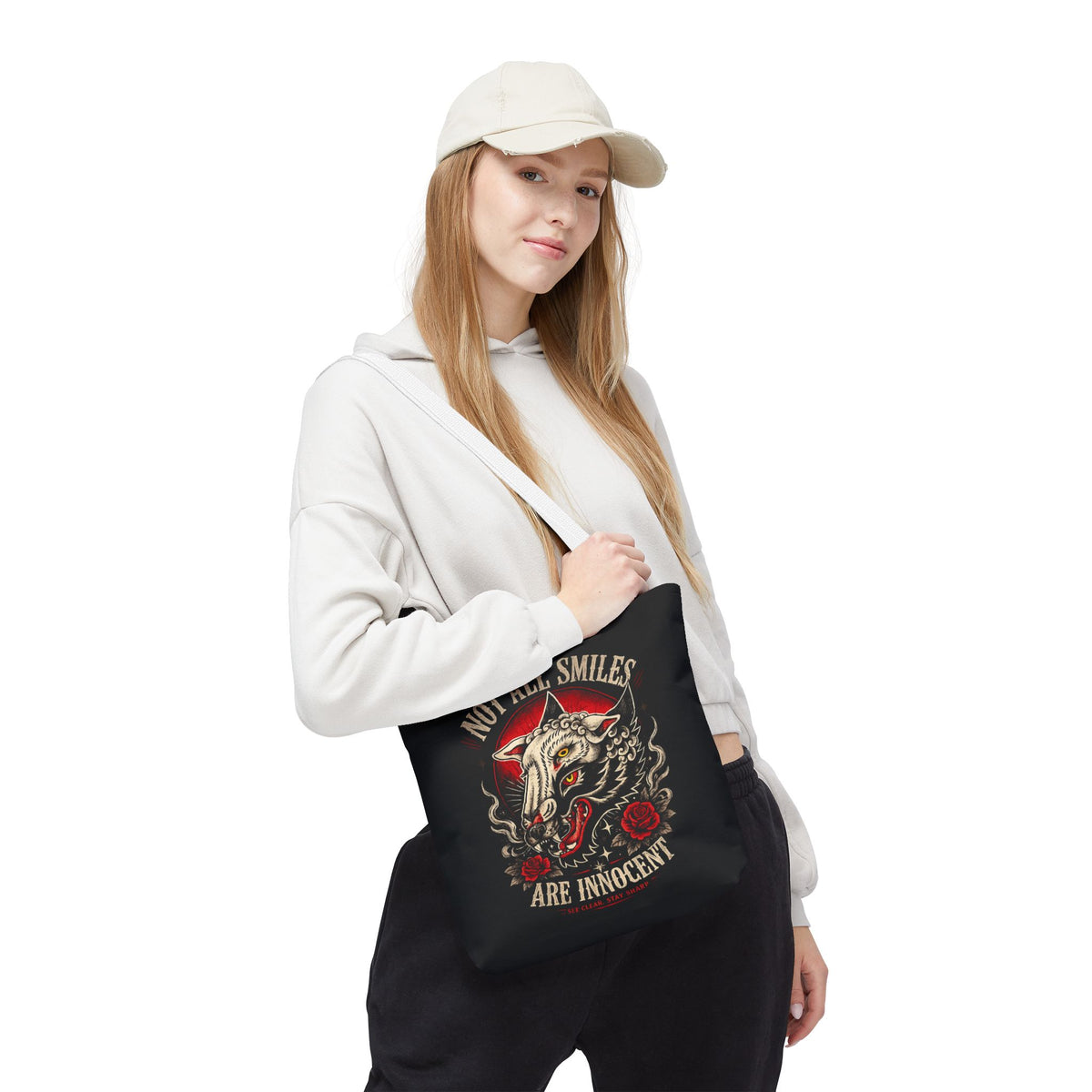Not All Smiles Are Innocent Tote Bag – Gothic Wolf Skull Design
