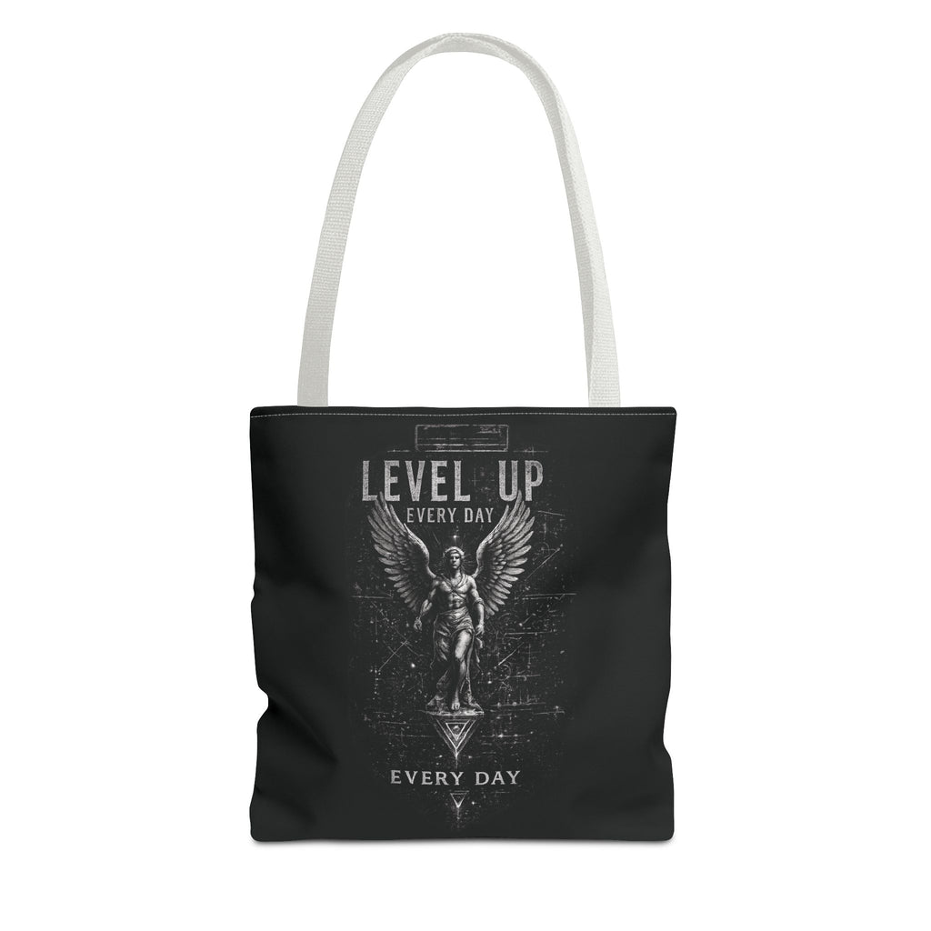 Level Up Every Day Angel Statue Tote Bag — Motivational Graphic Tote for Gamers & Fitness Fans