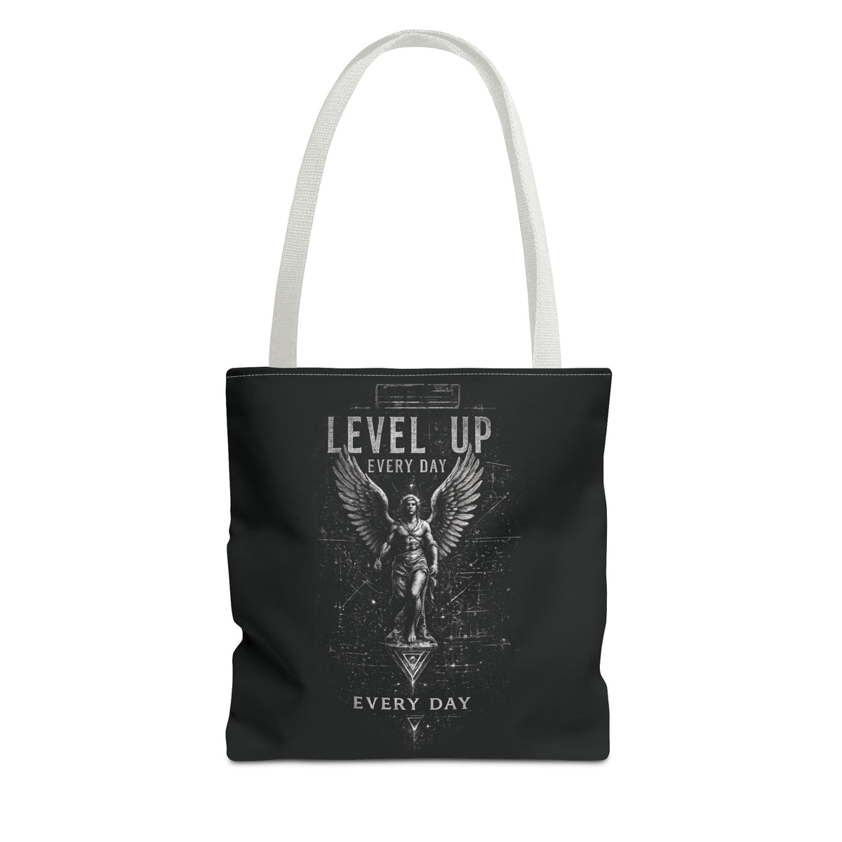Level Up Every Day Angel Statue Tote Bag — Motivational Graphic Tote for Gamers & Fitness Fans