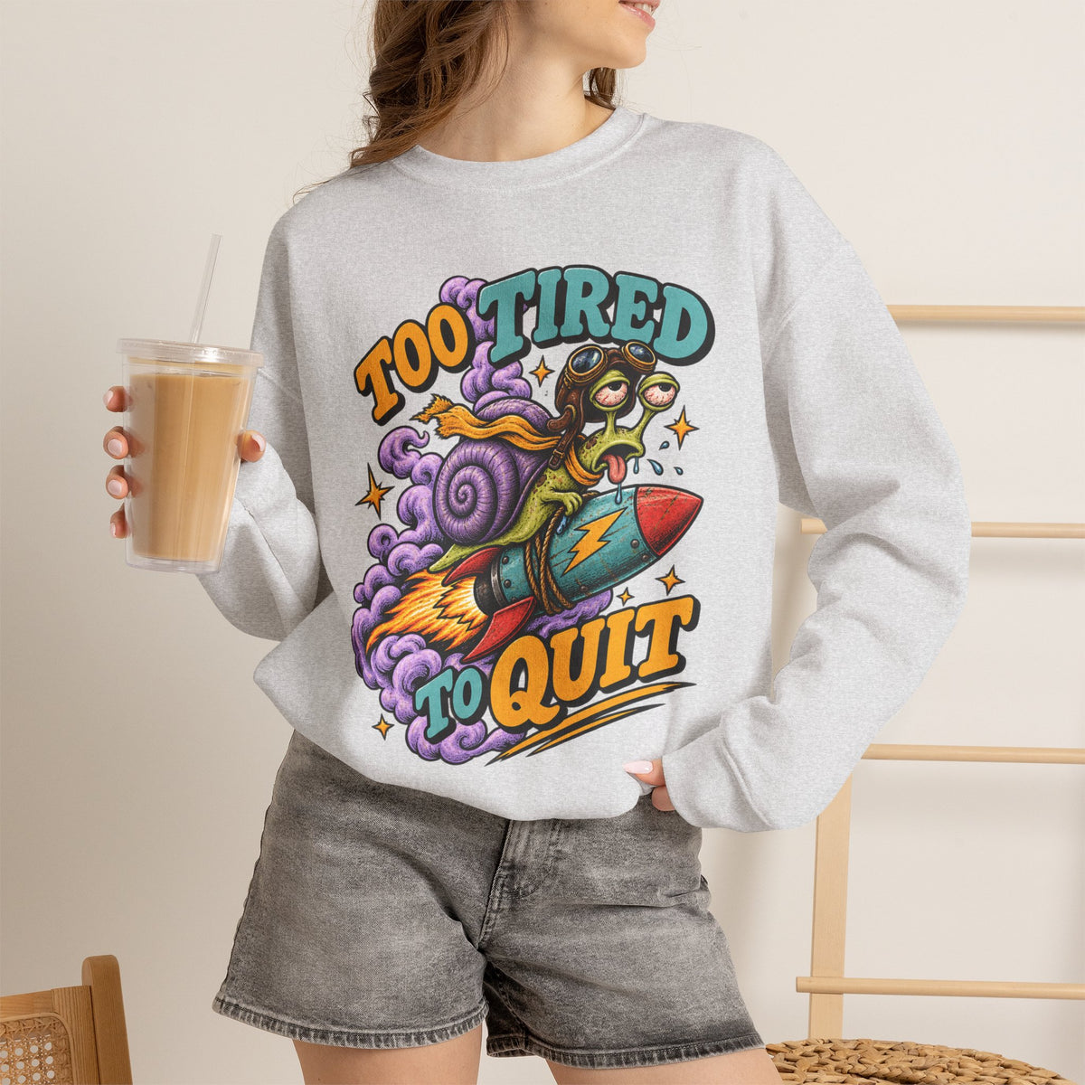 Too Tired to Quit Sweatshirt | Rocket Sloth Illustration, Motivational Retro