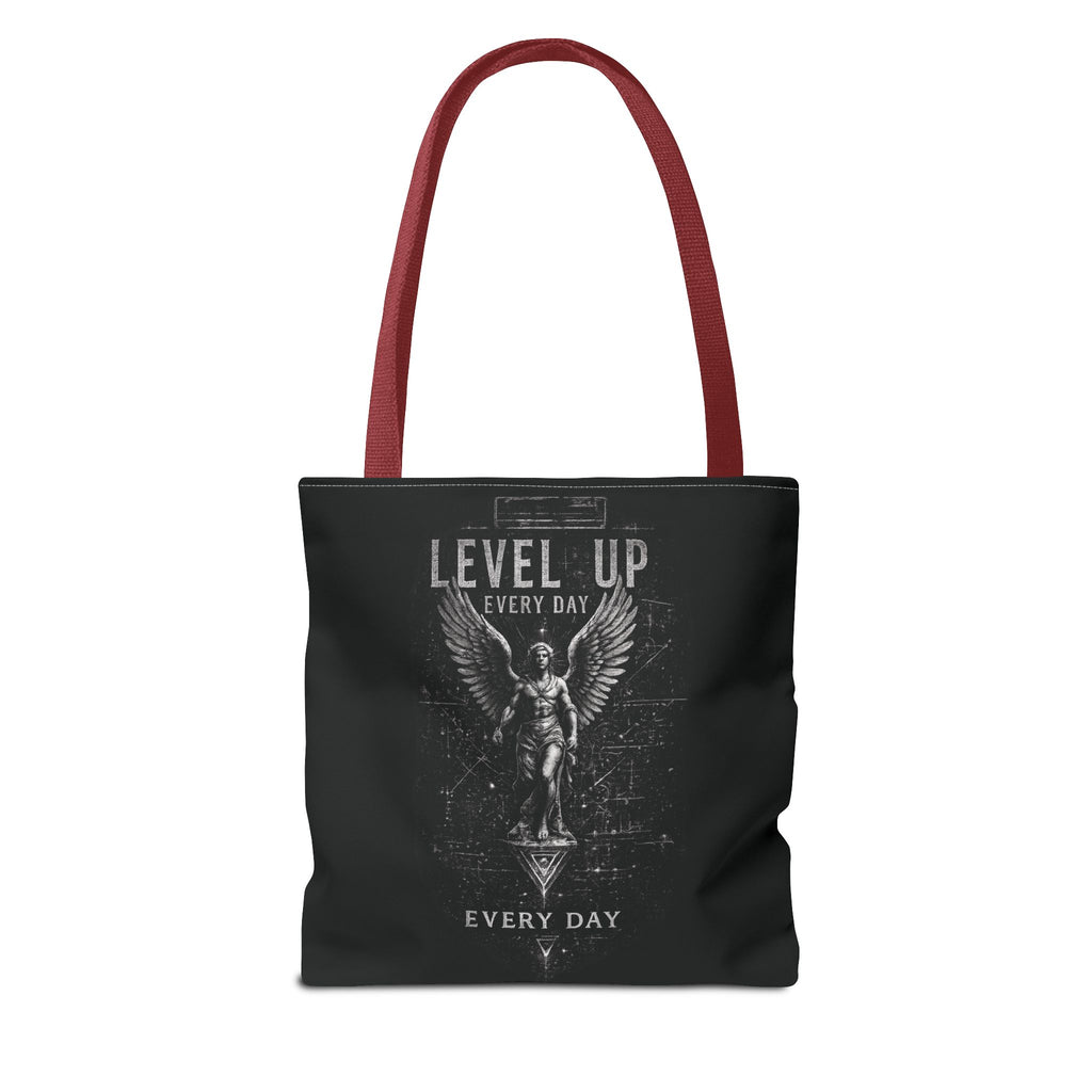 Level Up Every Day Angel Statue Tote Bag — Motivational Graphic Tote for Gamers & Fitness Fans