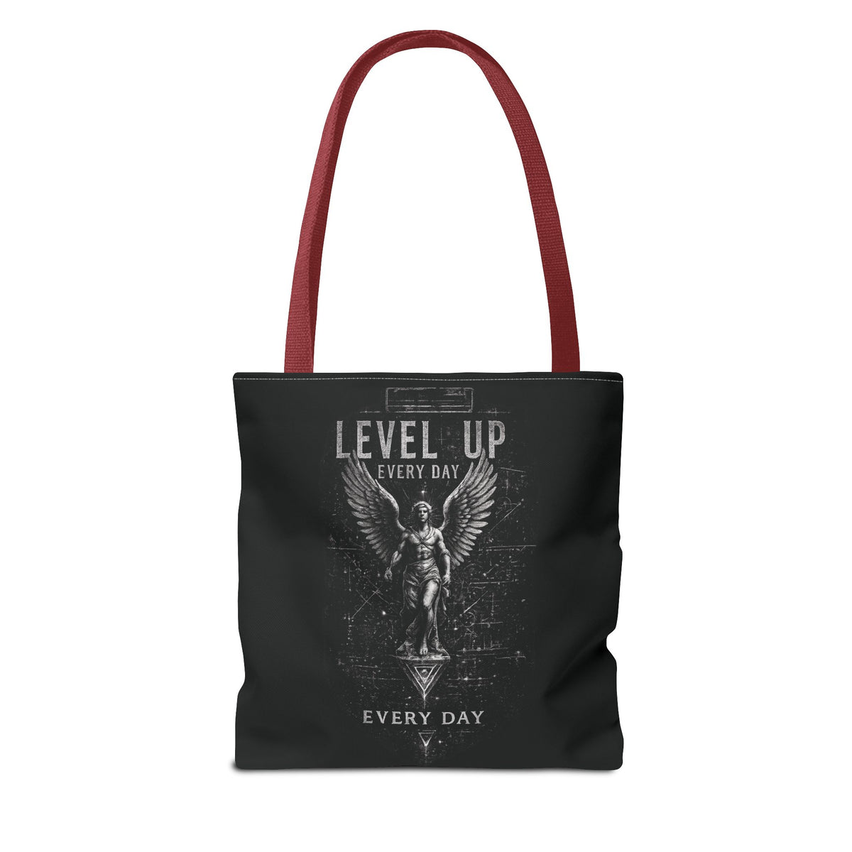 Level Up Every Day Angel Statue Tote Bag — Motivational Graphic Tote for Gamers & Fitness Fans