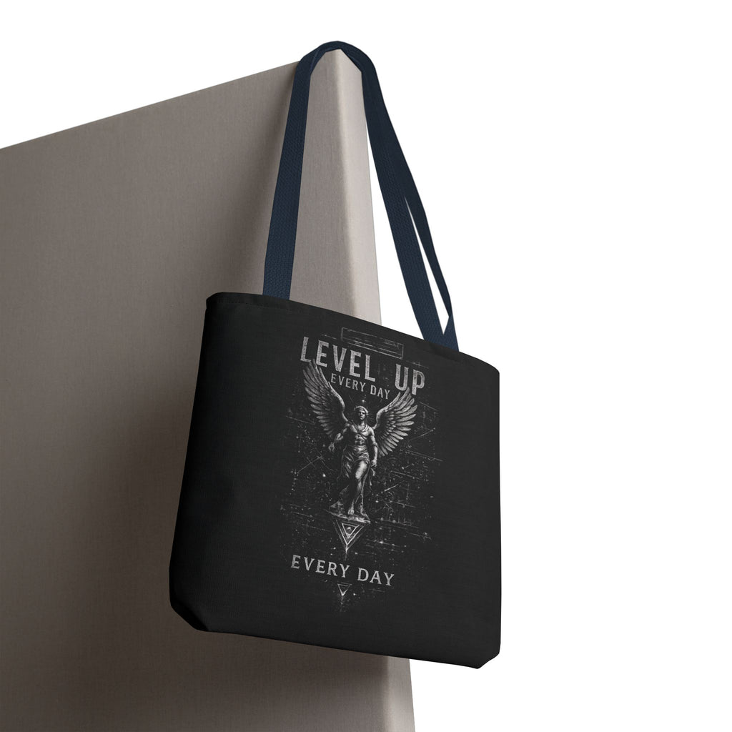 Level Up Every Day Angel Statue Tote Bag — Motivational Graphic Tote for Gamers & Fitness Fans
