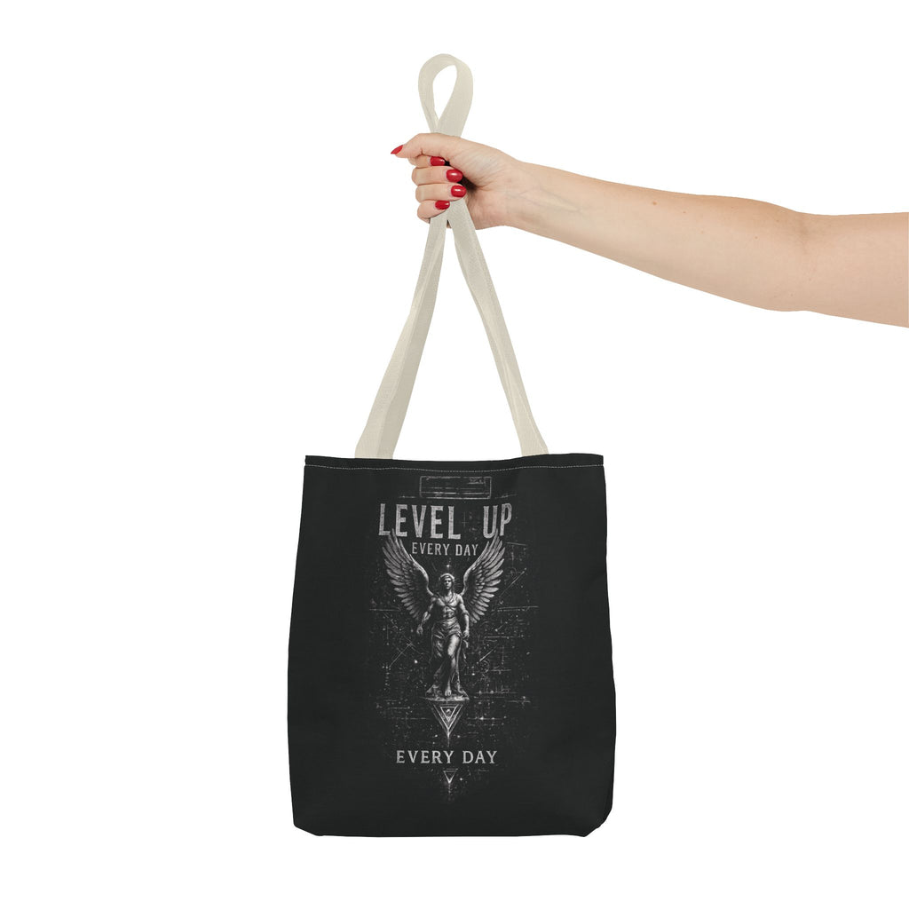Level Up Every Day Angel Statue Tote Bag — Motivational Graphic Tote for Gamers & Fitness Fans