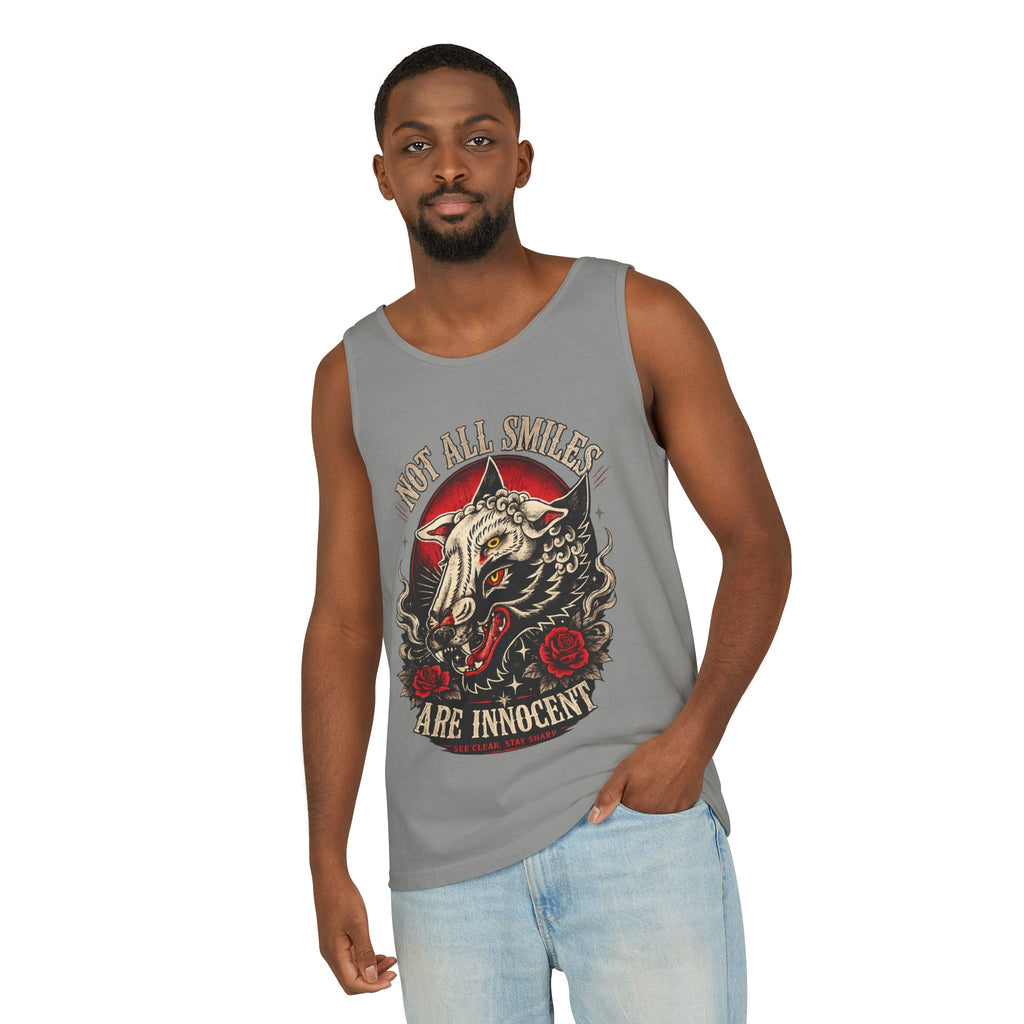 Not All Smiles Are Innocent Tank Top Gothic Wolf Shirt Alternative Streetwear Tattoo Style Muscle Tank Dark Aesthetic Gym Shirt