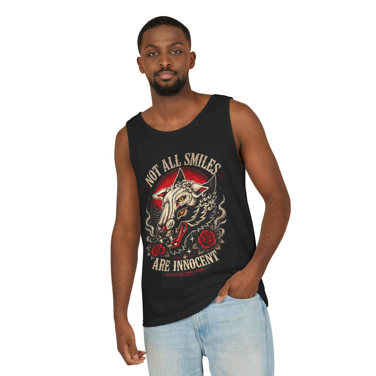 Not All Smiles Are Innocent Tank Top Gothic Wolf Shirt Alternative Streetwear Tattoo Style Muscle Tank Dark Aesthetic Gym Shirt