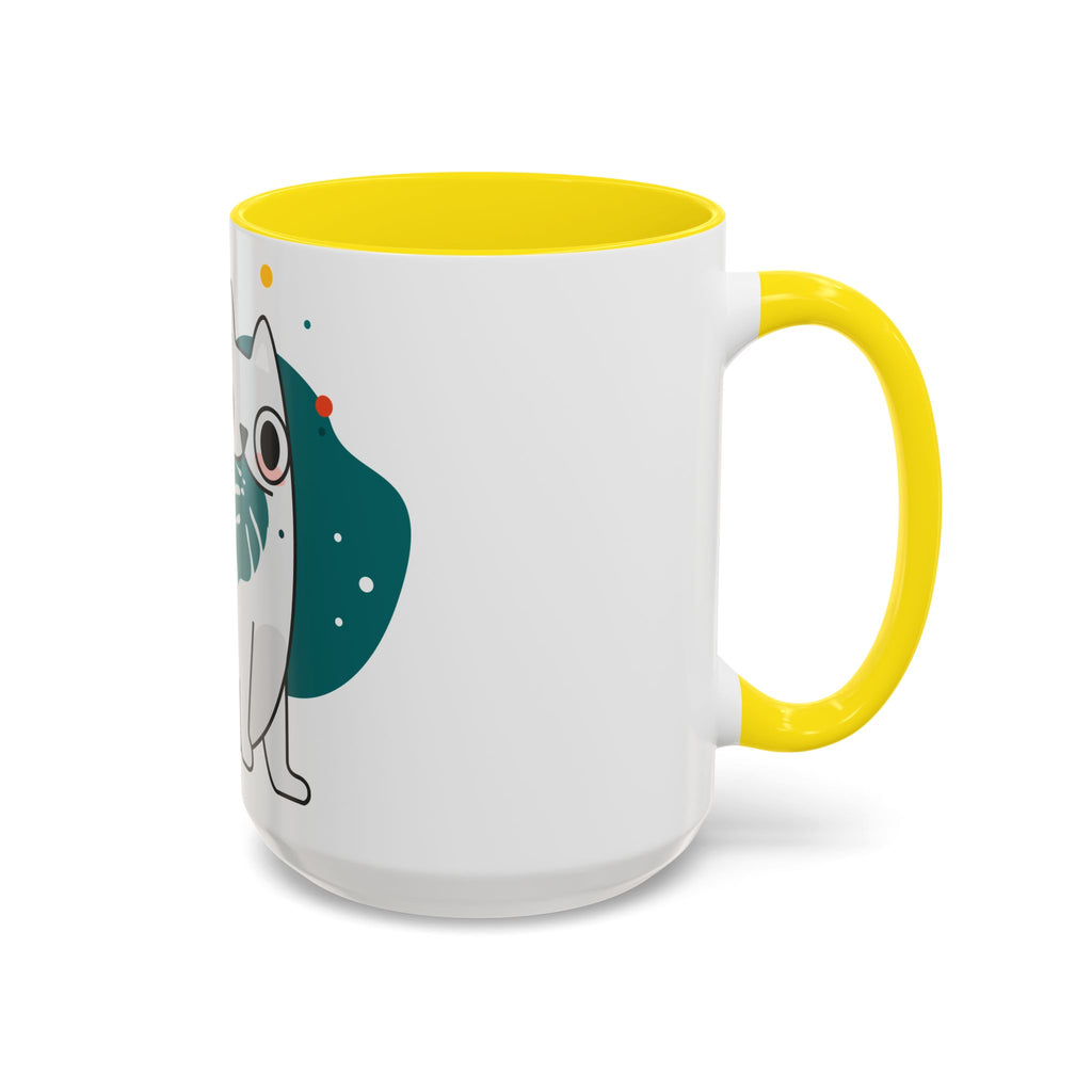 Cute Cat Coffee Mug  Playful White Cat with Tropical Leaf Accent 11oz 15oz