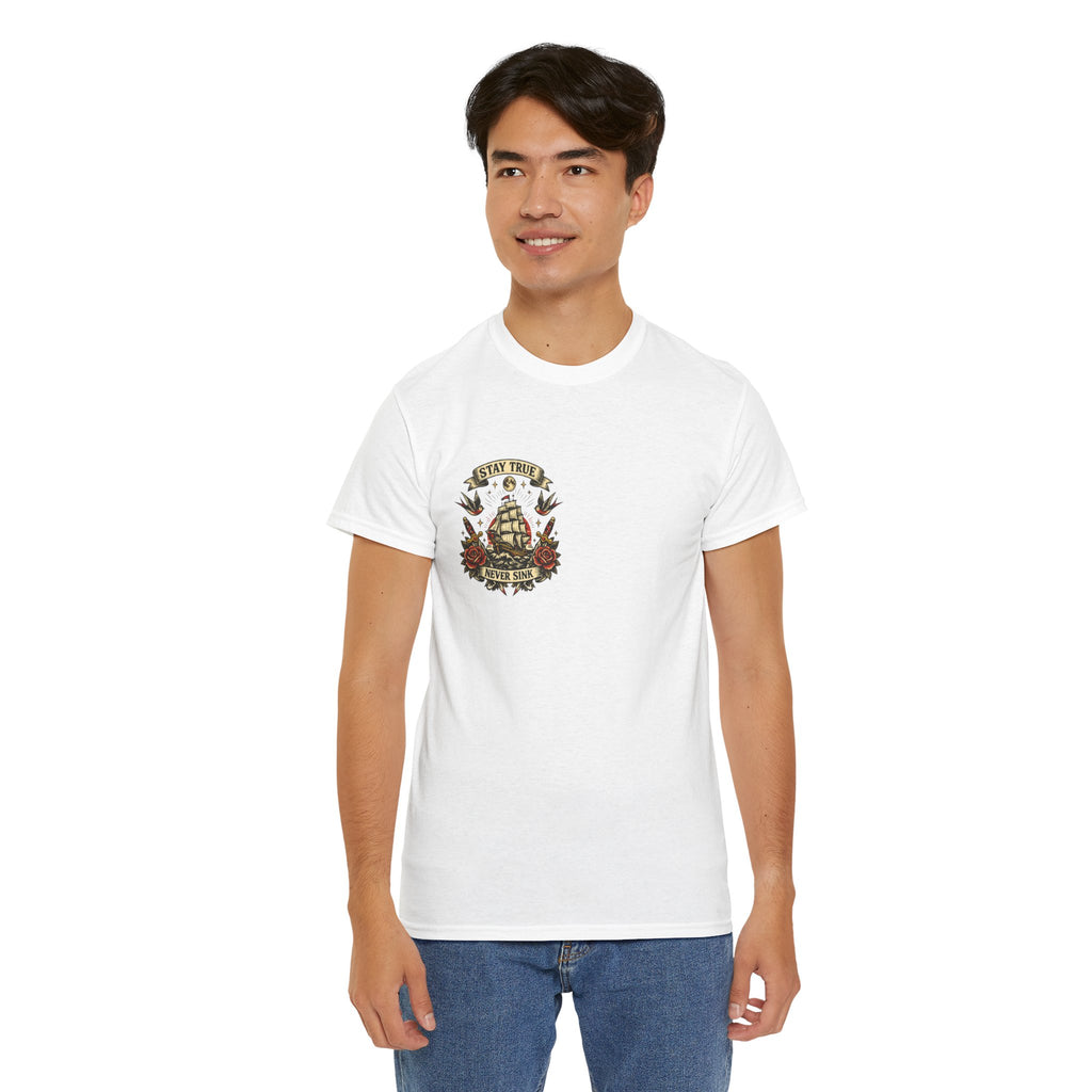 Stay True Never Sink T-Shirt — Vintage Sailboat Tattoo Graphic Tee