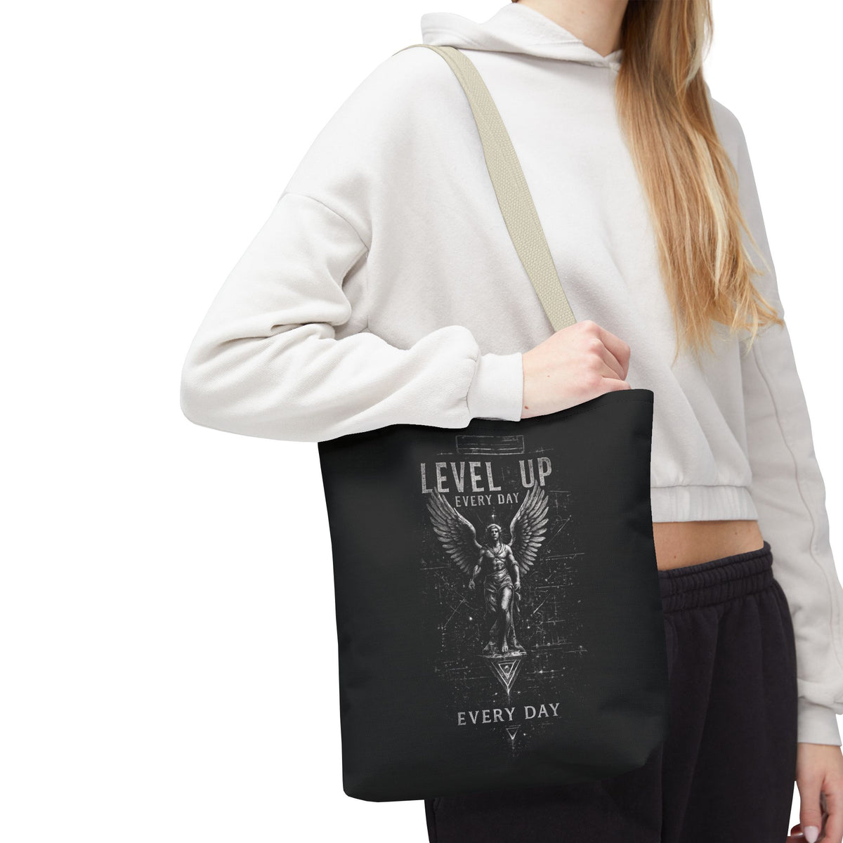 Level Up Every Day Angel Statue Tote Bag — Motivational Graphic Tote for Gamers & Fitness Fans