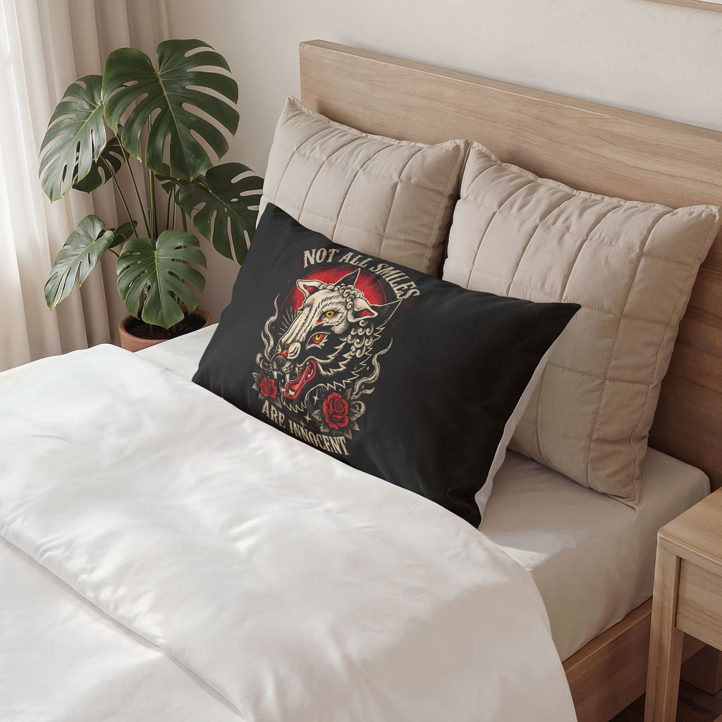 Not All Smiles Are Innocent Pillow Sham Gothic Bedding Dark Aesthetic Pillow Cover Tattoo Style Wolf Decor Alternative Bedroom Decor