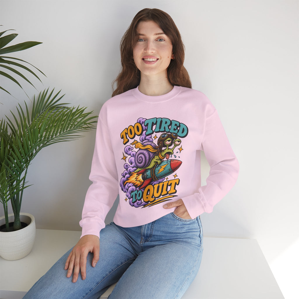 Too Tired to Quit Sweatshirt | Rocket Sloth Illustration, Motivational Retro