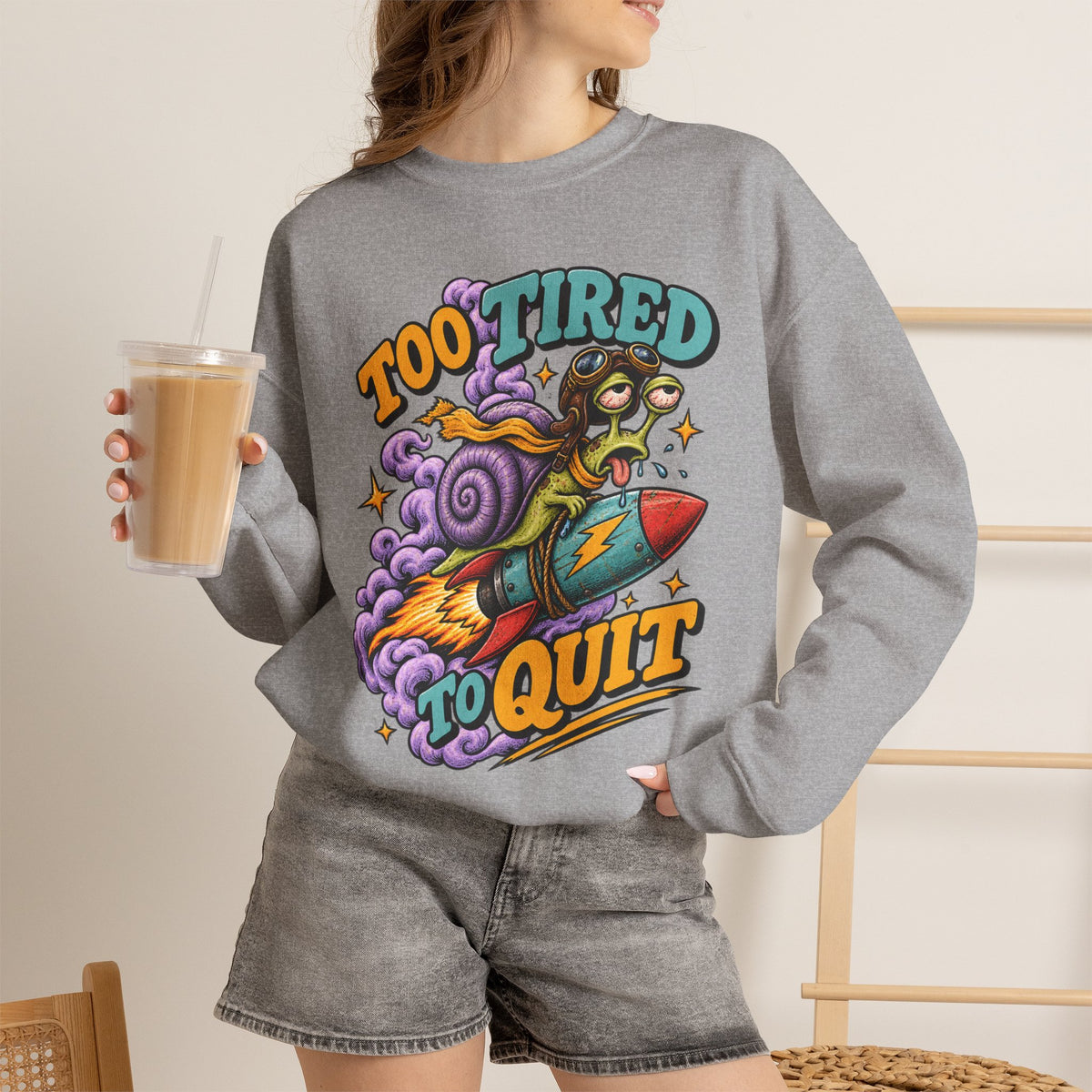 Too Tired to Quit Sweatshirt | Rocket Sloth Illustration, Motivational Retro