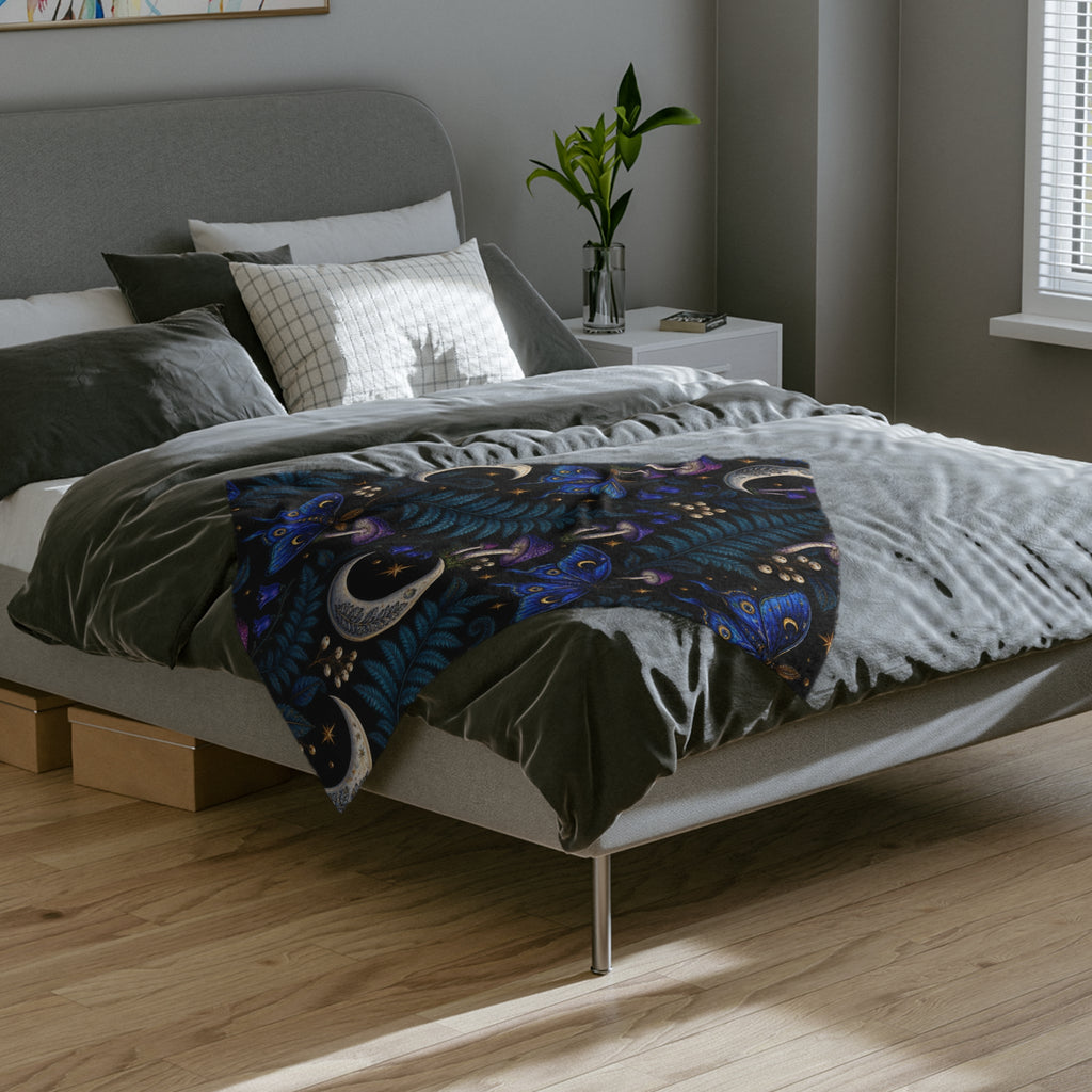 Moon & Blue Moth Pattern Velveteen Microfiber Blanket | Celestial Mushroom Fern Print