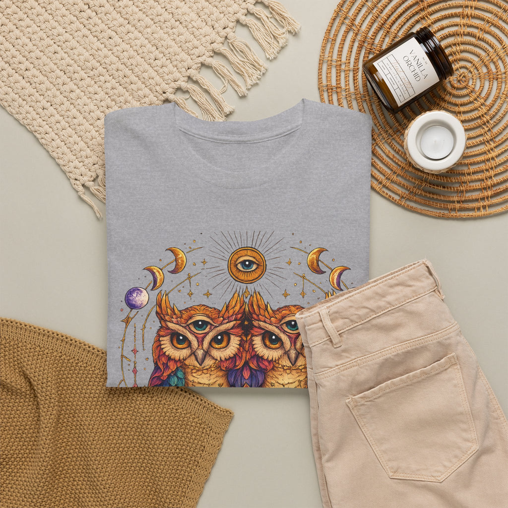 Mystical Triple Owl Illustration Tee Boho Moon Mystical Owl Shirt Boho Owl Graphic Tee Celestial Nature Shirt Spiritual Animal T Shirt
