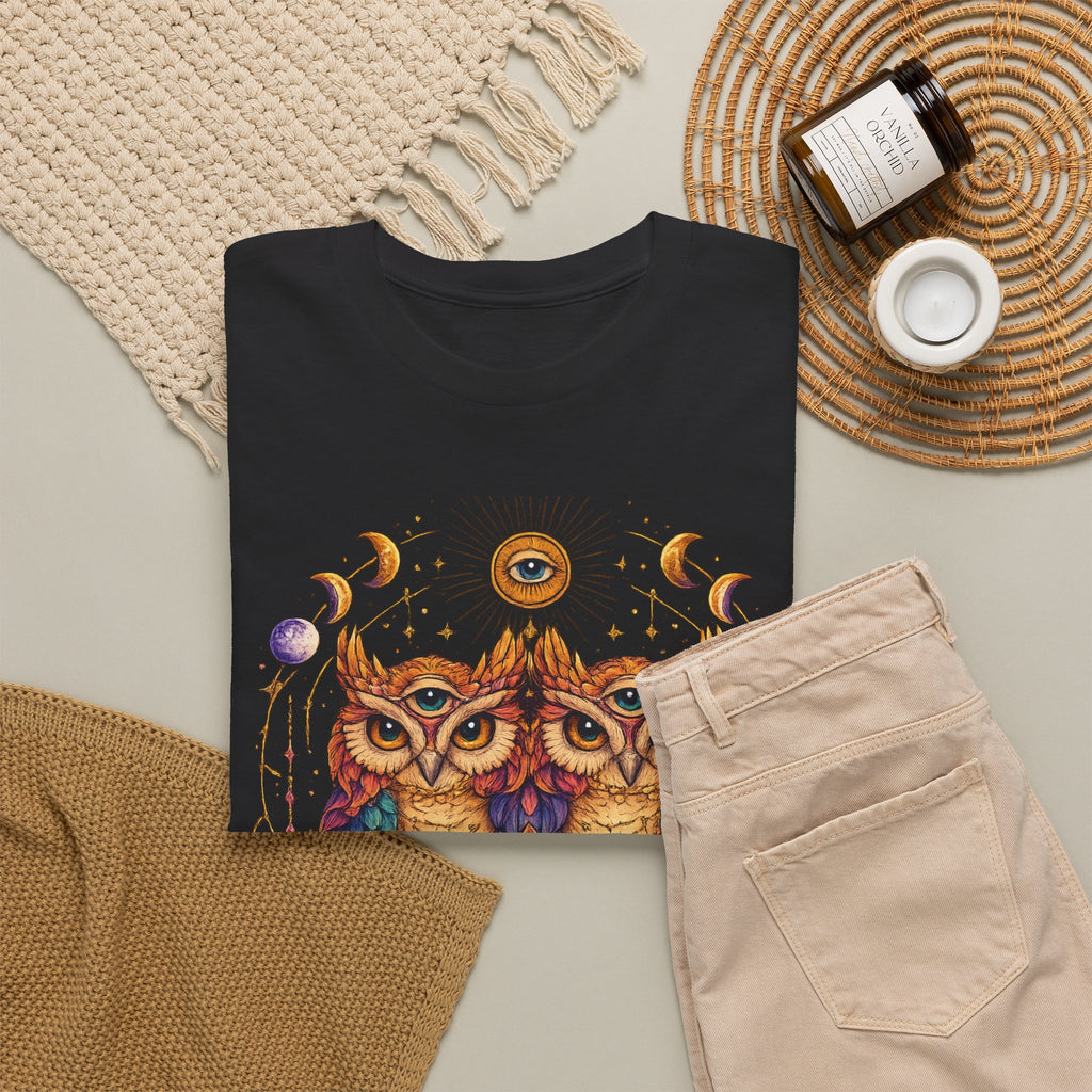 Mystical Triple Owl Illustration Tee Boho Moon Mystical Owl Shirt Boho Owl Graphic Tee Celestial Nature Shirt Spiritual Animal T Shirt