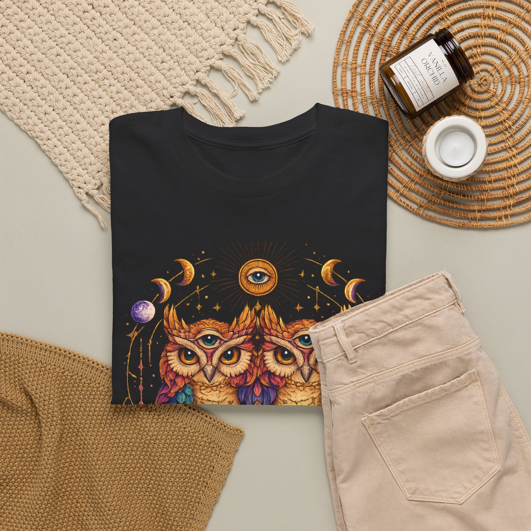 Mystical Triple Owl Illustration Tee Boho Moon Mystical Owl Shirt Boho Owl Graphic Tee Celestial Nature Shirt Spiritual Animal T Shirt