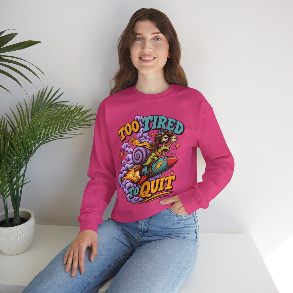 Too Tired to Quit Sweatshirt | Rocket Sloth Illustration, Motivational Retro