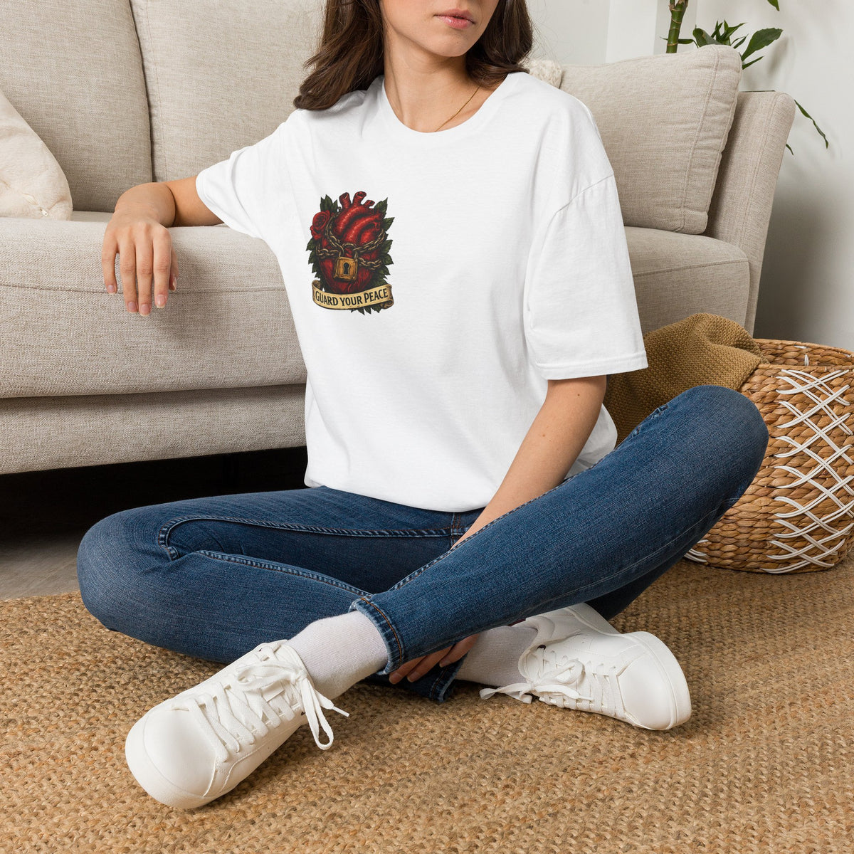 Guard Your Peace Heart graphic T-Shirt | anatomical heart, rose, lock
