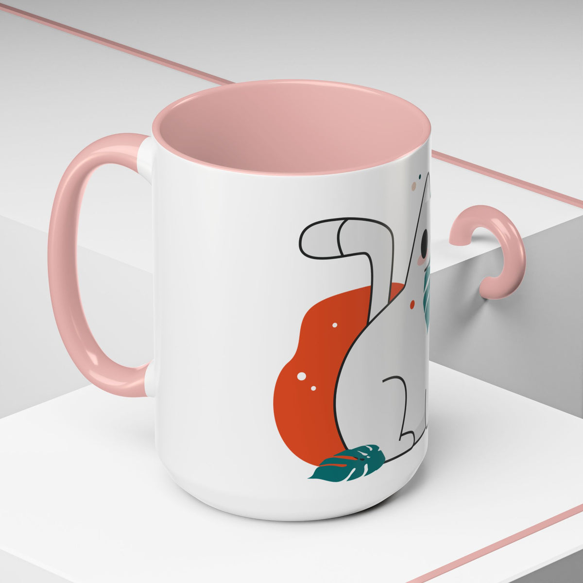 Cute Cat Coffee Mug  Playful White Cat with Tropical Leaf Accent 11oz 15oz