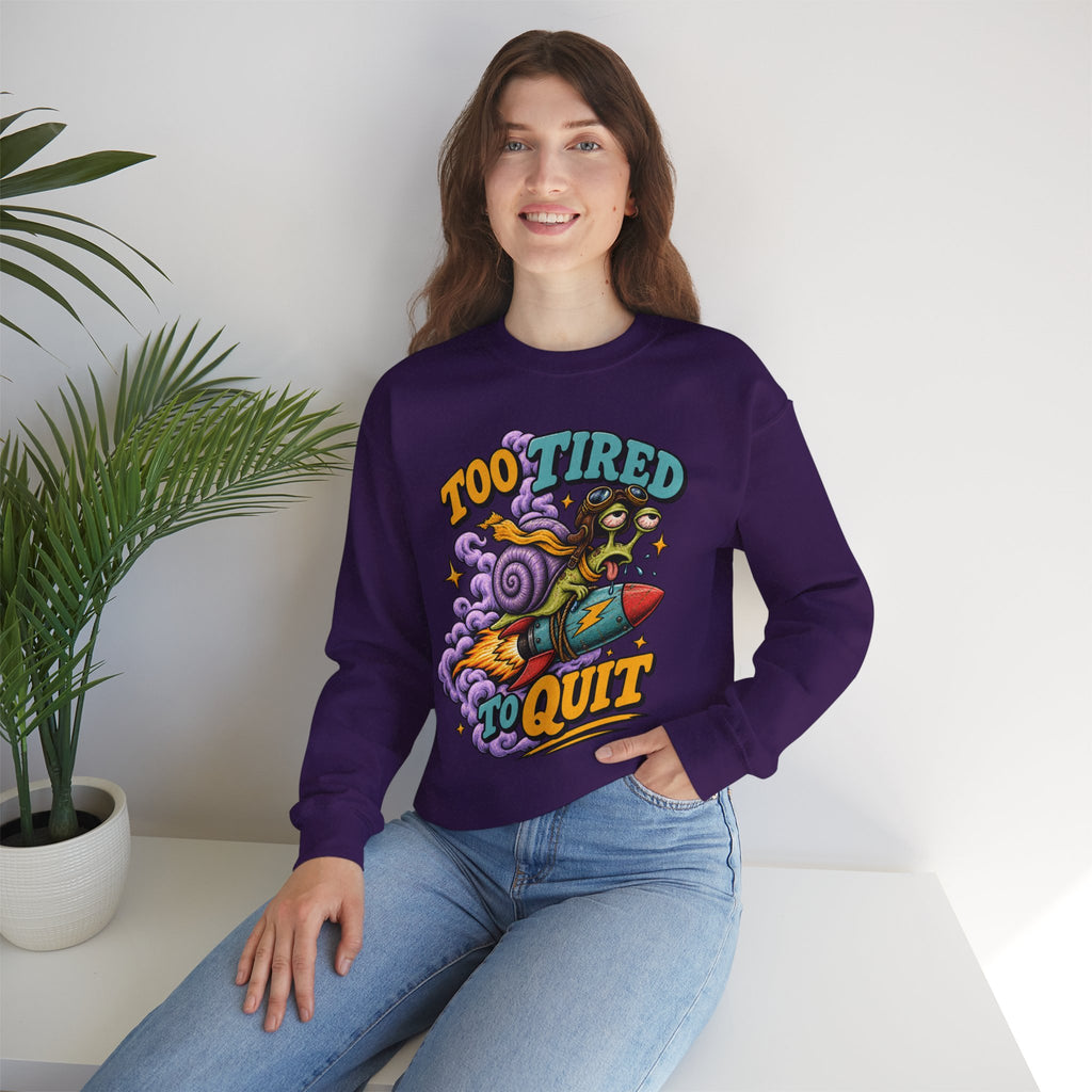 Too Tired to Quit Sweatshirt | Rocket Sloth Illustration, Motivational Retro
